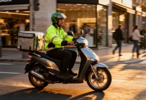 Ruokakuljettaja moottoripyörällä vilkkaassa kaupungissa
