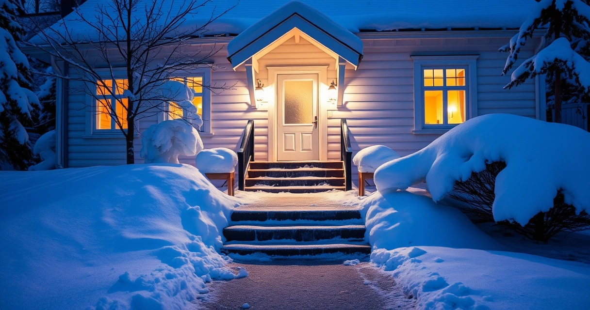 Luminen suomalaisen talon sisäänkäynti ja hiekoitettu jäinen kulkuväylä hämärässä