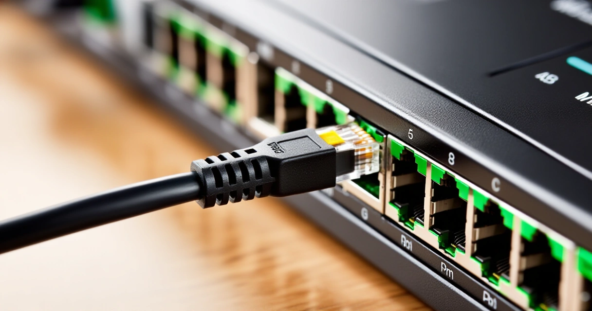 Cat6-ethernet-kaapeli liitetään verkkokytkimeen kotitoimistossa