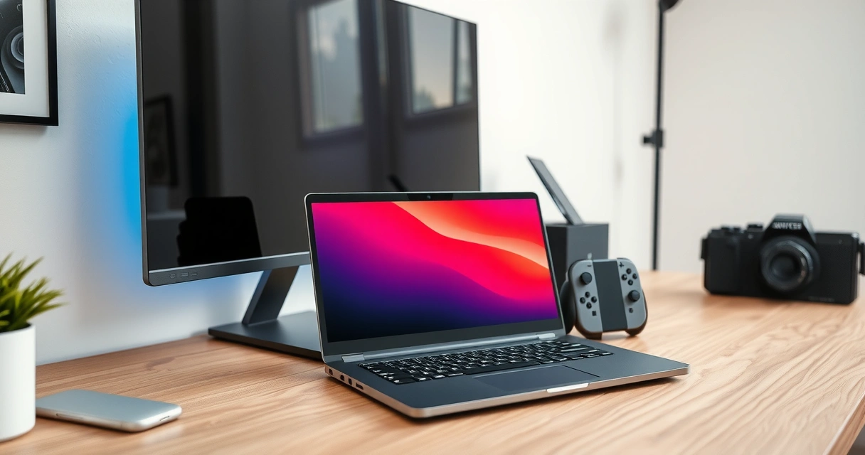 Peliläppäri ja Nintendo Switch pöydällä suuren monitorin vieressä kotitoimistossa