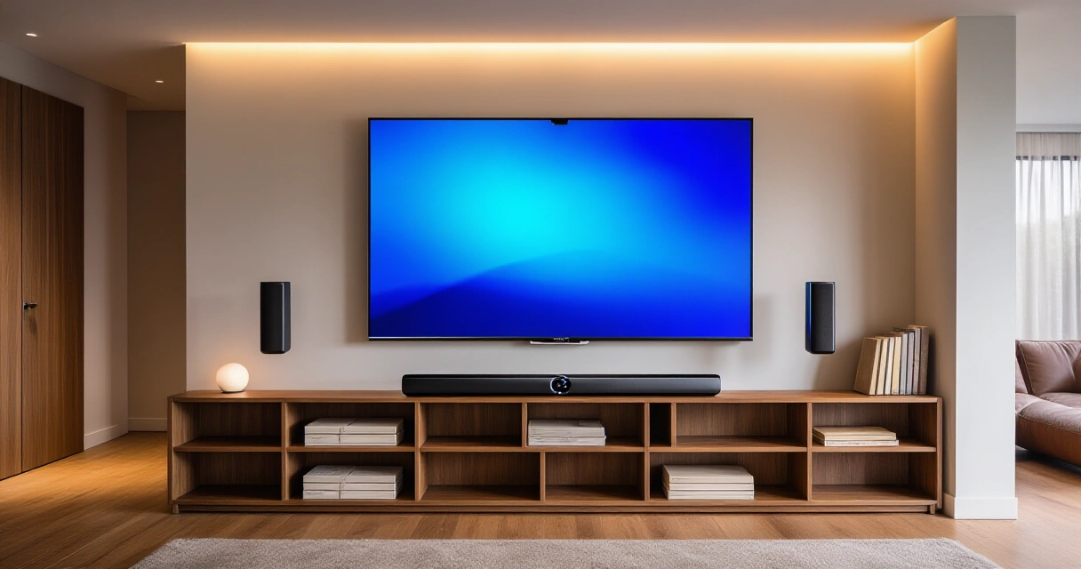Kodin viihdekeskus olohuoneessa: suuri televisio, soundbar ja älyvalaistus