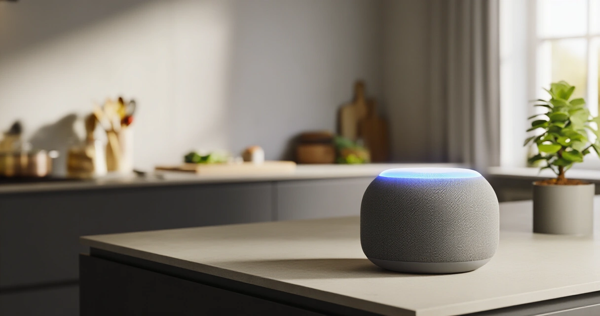 Google Home Speaker 2026 modernissa skandinaavisessa keittiössä