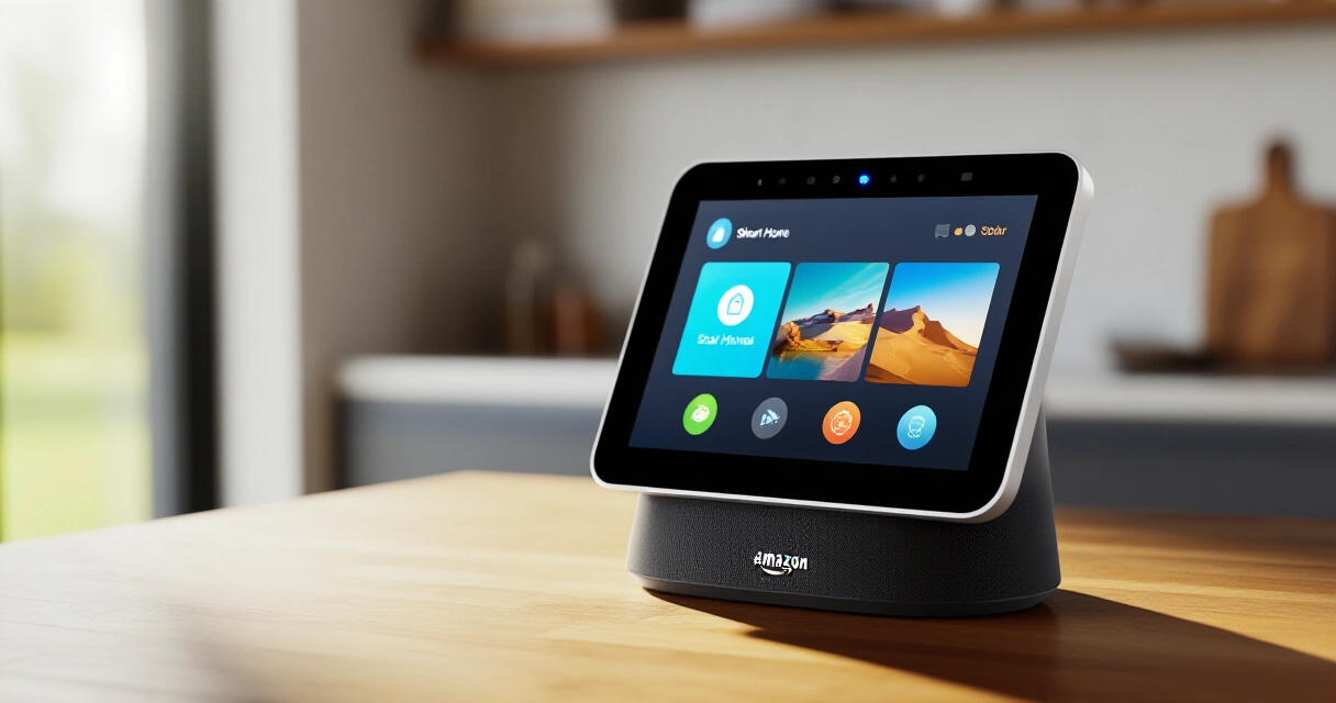 Amazon Echo Show -näyttölaite modernin kodin keittiössä älykodin ohjauksessa