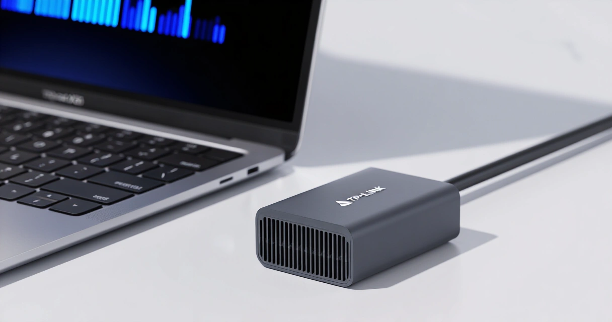 TP-Link Deco X55 -solmu kirjoituspöydällä kannettavan tietokoneen vieressä