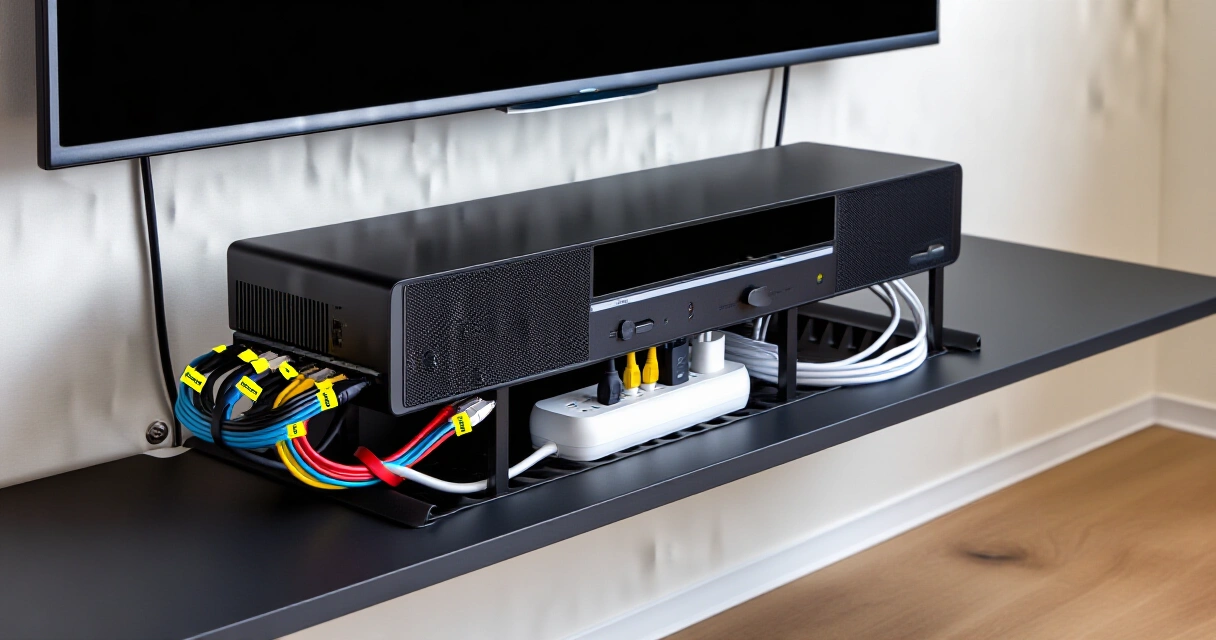 Siististi järjestetyt viihde-elektroniikan kaapelit kaapelihallintalaatikossa TV-tason alla