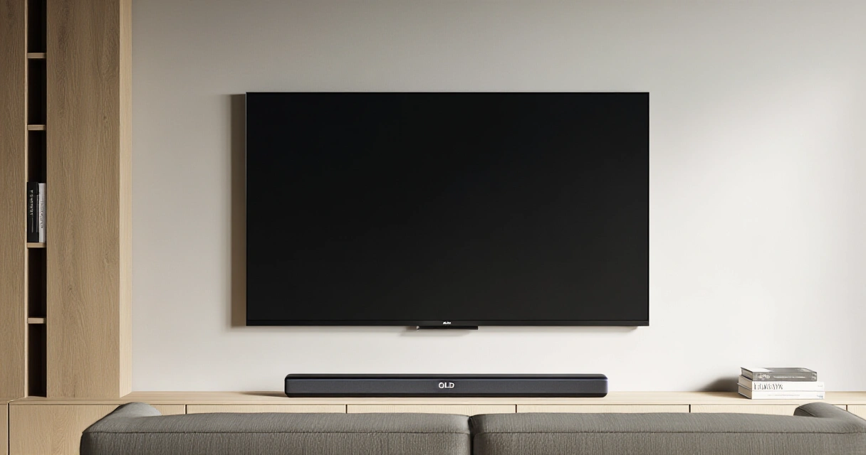 Moderni olohuone, jossa suuri OLED-televisio seinällä ja soundbar alla