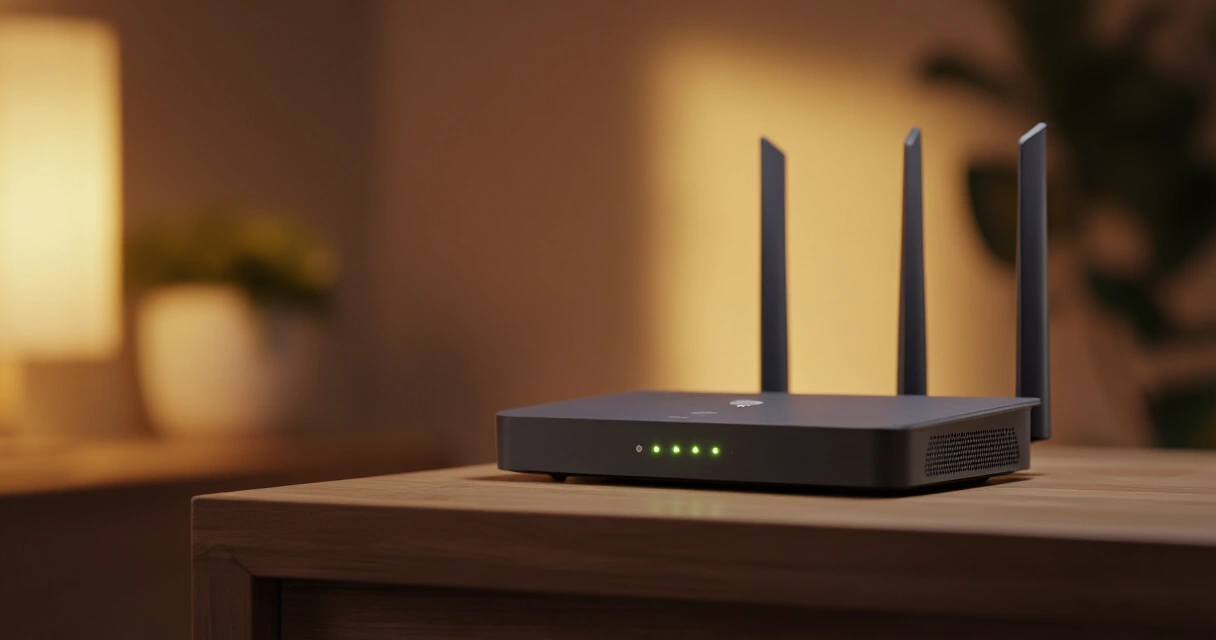 Moderni kotireititin Wi-Fi-valoilla kotitoimistopöydällä