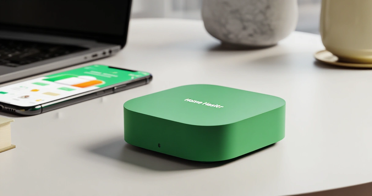 Home Assistant Green -palvelin pöydällä älypuhelimen vieressä, jossa näkyy kodin automaation hallintanäkymä