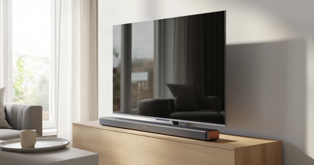 Soundbar sijoitettuna television alle modernissa pohjoismaisessa olohuoneessa