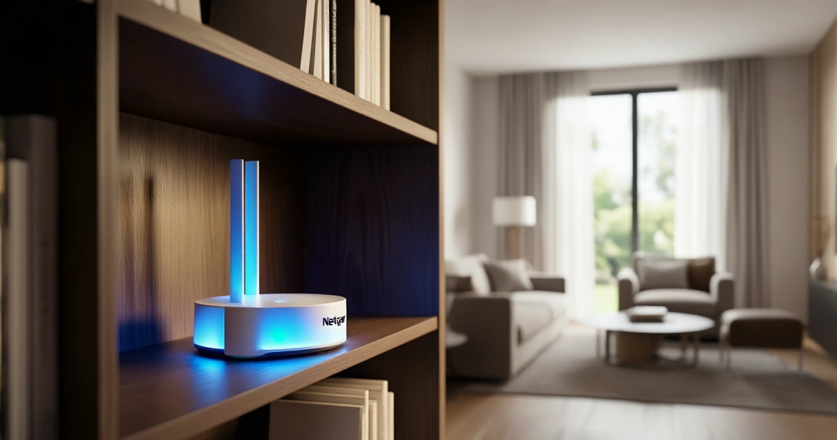 Netgear Orbi WiFi 6 satelliitti sinisellä valolla olohuoneen hyllyssä