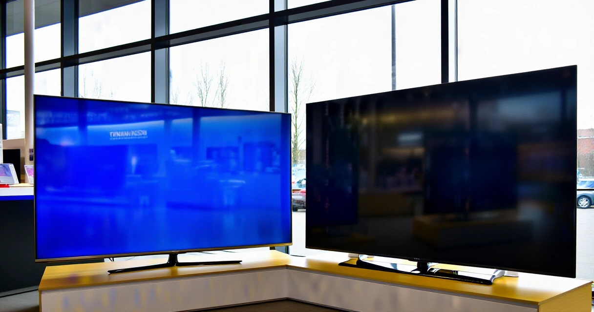 Kaksi televisiota rinnakkain kirkkaan elektroniikkamyymälän näyttelytilassa