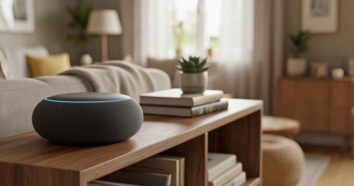 Amazon Echo Dot -älykaiutin hyllyllä kodikkaassa olohuoneessa