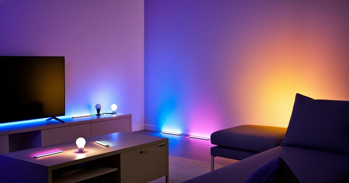 Philips Hue LED-nauhan ja älylampun luoma värikäs valaistustunnelma olohuoneessa