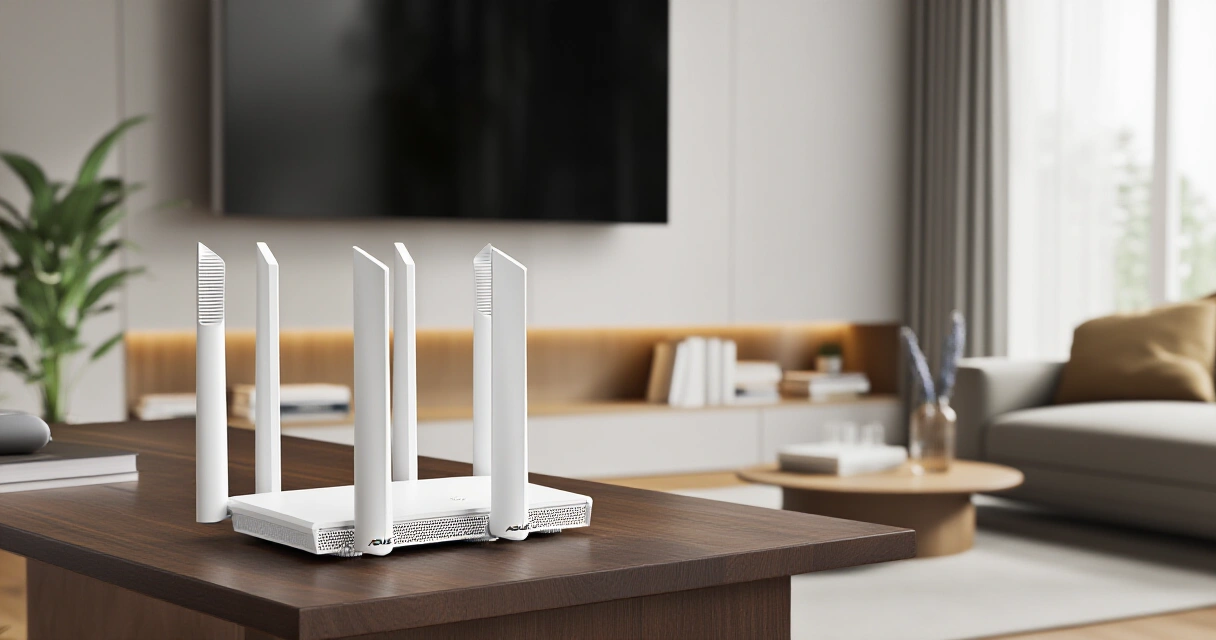 Asus ZenWiFi XT8 mesh-reitittimen kaksi solmupistettä modernissa olohuoneessa