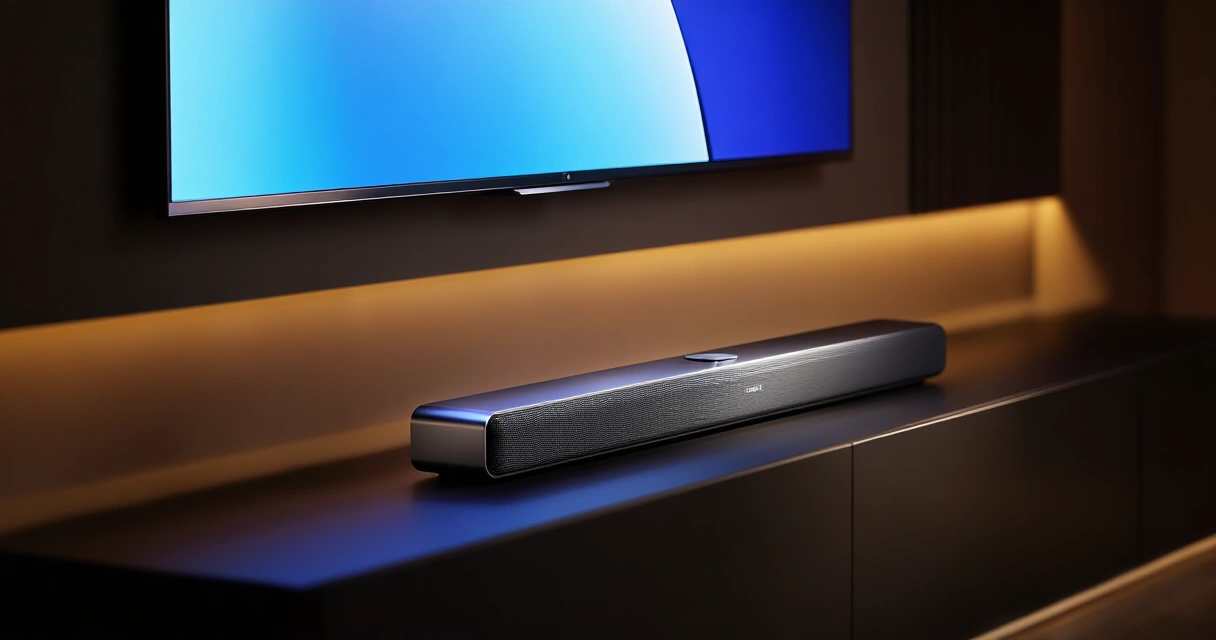 Soundbar television alla olohuoneessa tunnelmallisessa valaistuksessa
