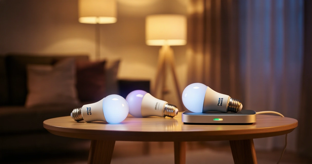 Philips Hue älylamppu ja Bridge-yhdyskäytävä modernissa olohuoneessa