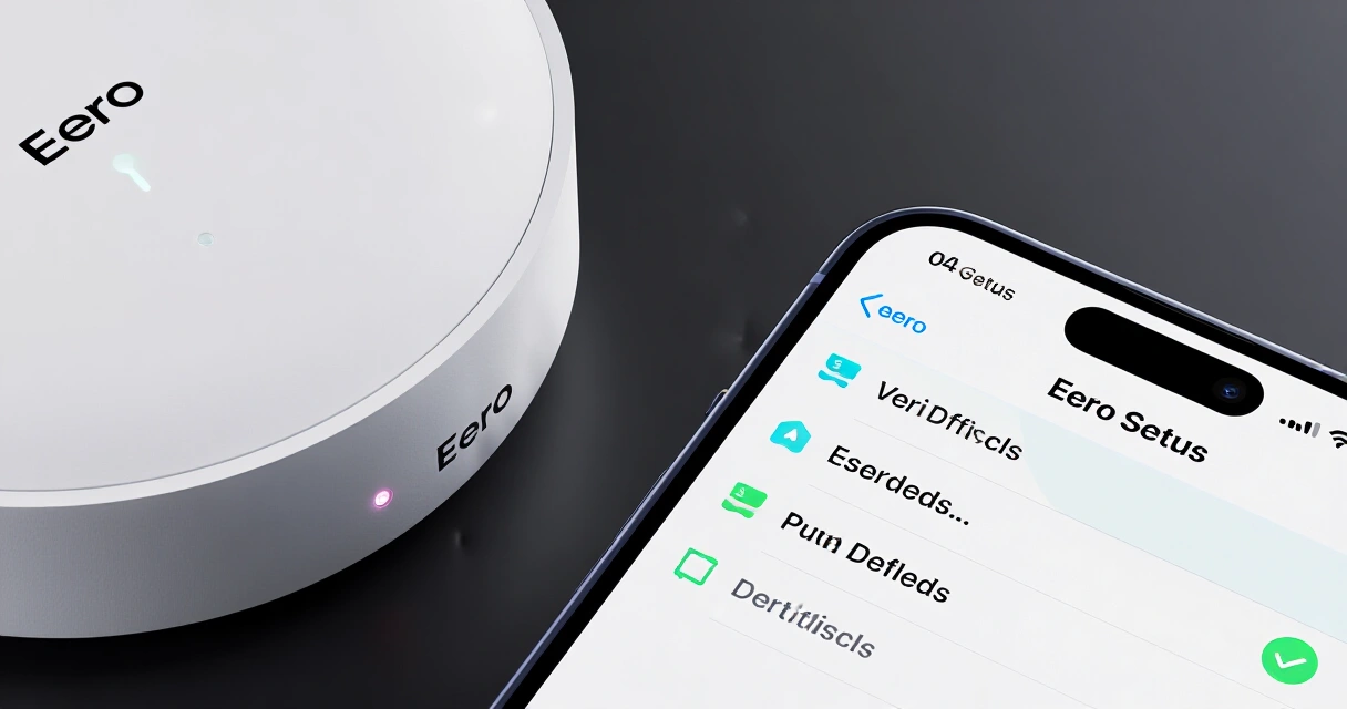 Eero 6 Plus -laite ja Eero-sovellus älypuhelimen näytöllä