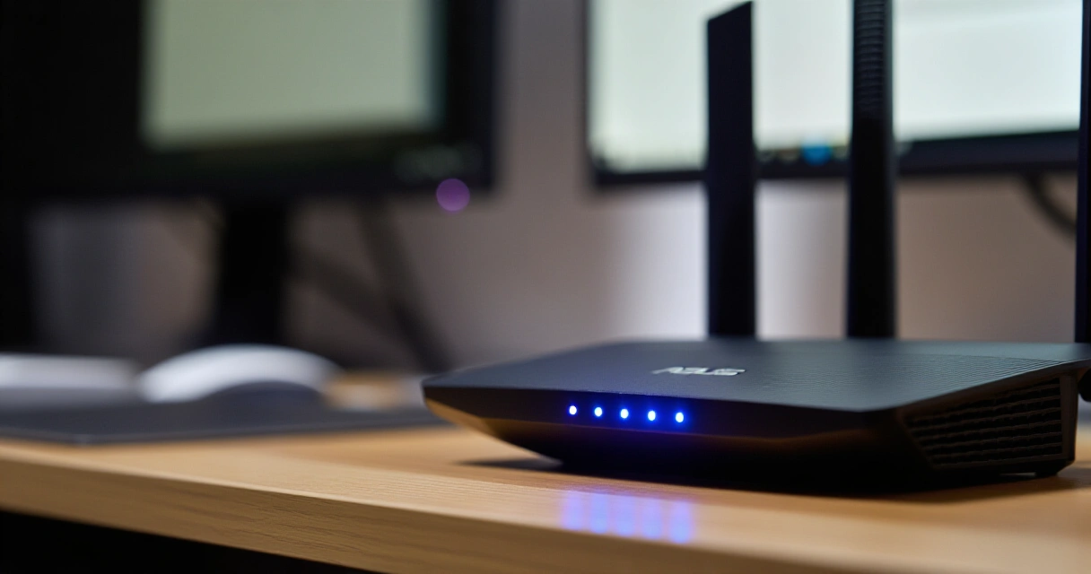 Asus ZenWiFi solmupiste kotitoimistossa sininen LED-valo päällä