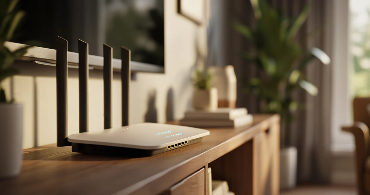 WiFi-reititin sijoitettuna keskelle olohuonetta optimaalisen kuuluvuuden varmistamiseksi