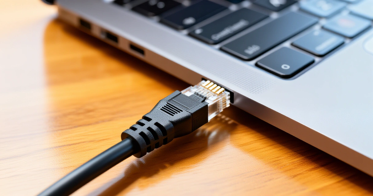 Ethernet-kaapeli kytketään kannettavaan tietokoneeseen kotitoimistossa
