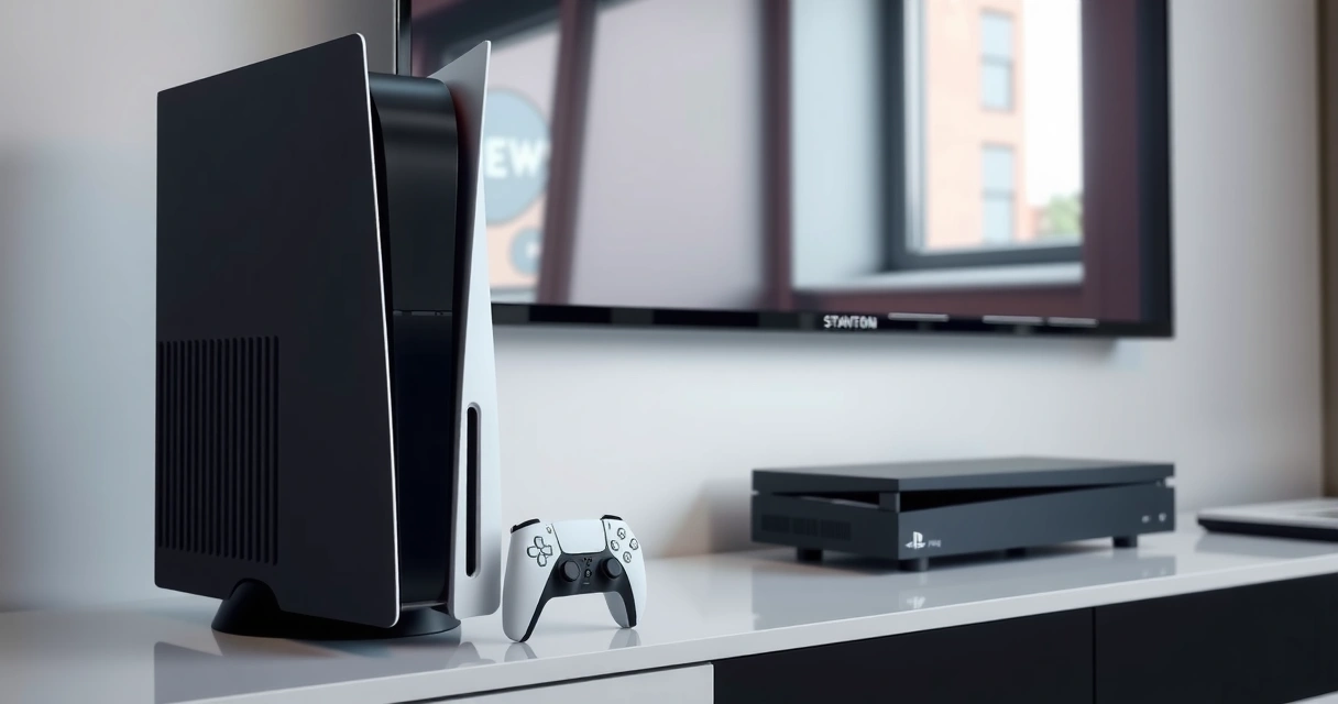 PlayStation 5 -konsoli ja pelitietokone rinnakkain olohuoneen hyllyllä