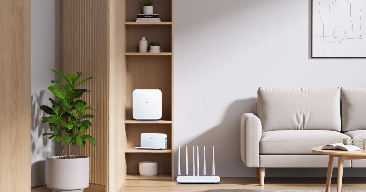 TP-Link Deco mesh-verkkosolmuja kodin olohuoneessa valkoisilla hyllyillä