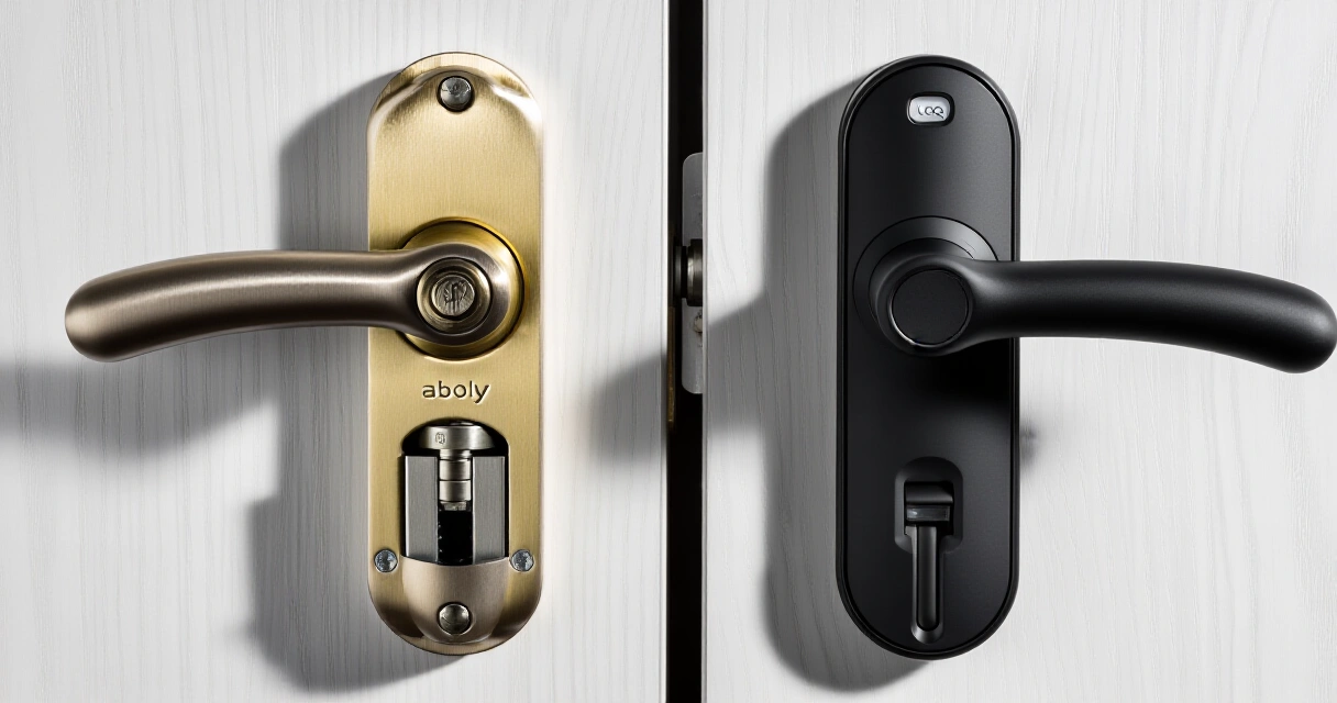 Abloy ja iLOQ -lukkojen sylinterit vierekkäin ovessa