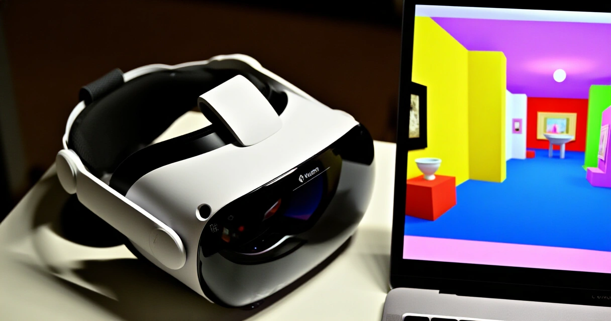 VR-lasit pöydällä kannettavan tietokoneen vieressä, näytöllä virtuaalimuseogalleria