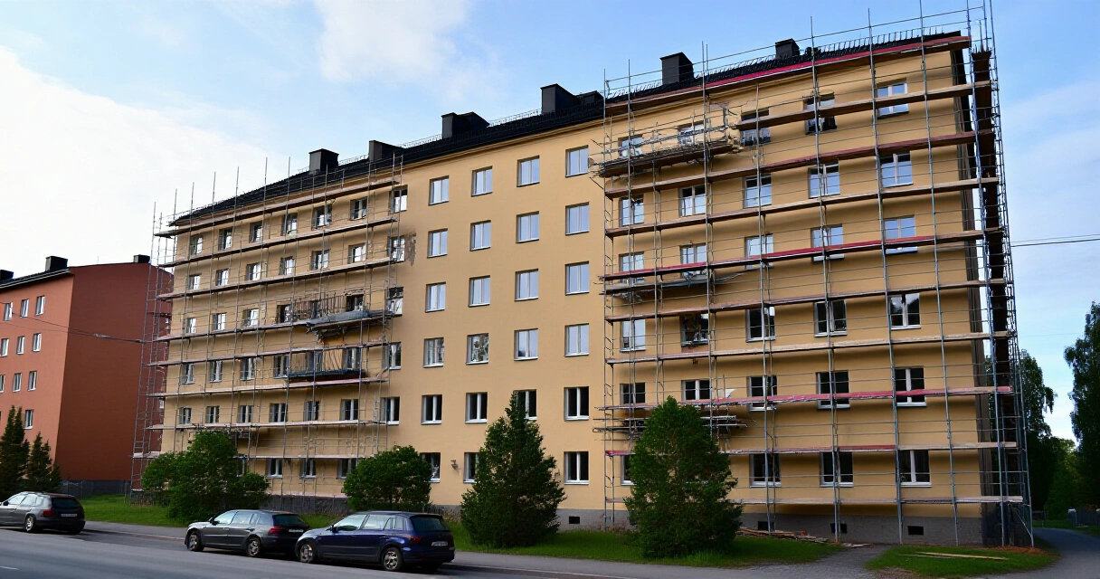 Suomalainen kerrostalo peruskorjauksessa rakennustelineineen