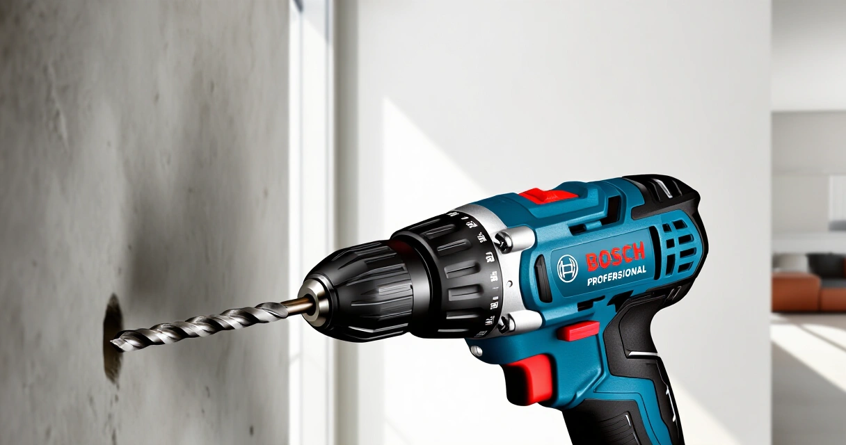 Bosch Professional -akkuporakone poraamassa betoniseinää sisätiloissa kodin remontin aikana