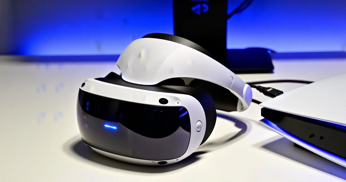 PlayStation VR2 -kuuloke kytkettynä PS5-konsoliin yhdellä USB-C-kaapelilla