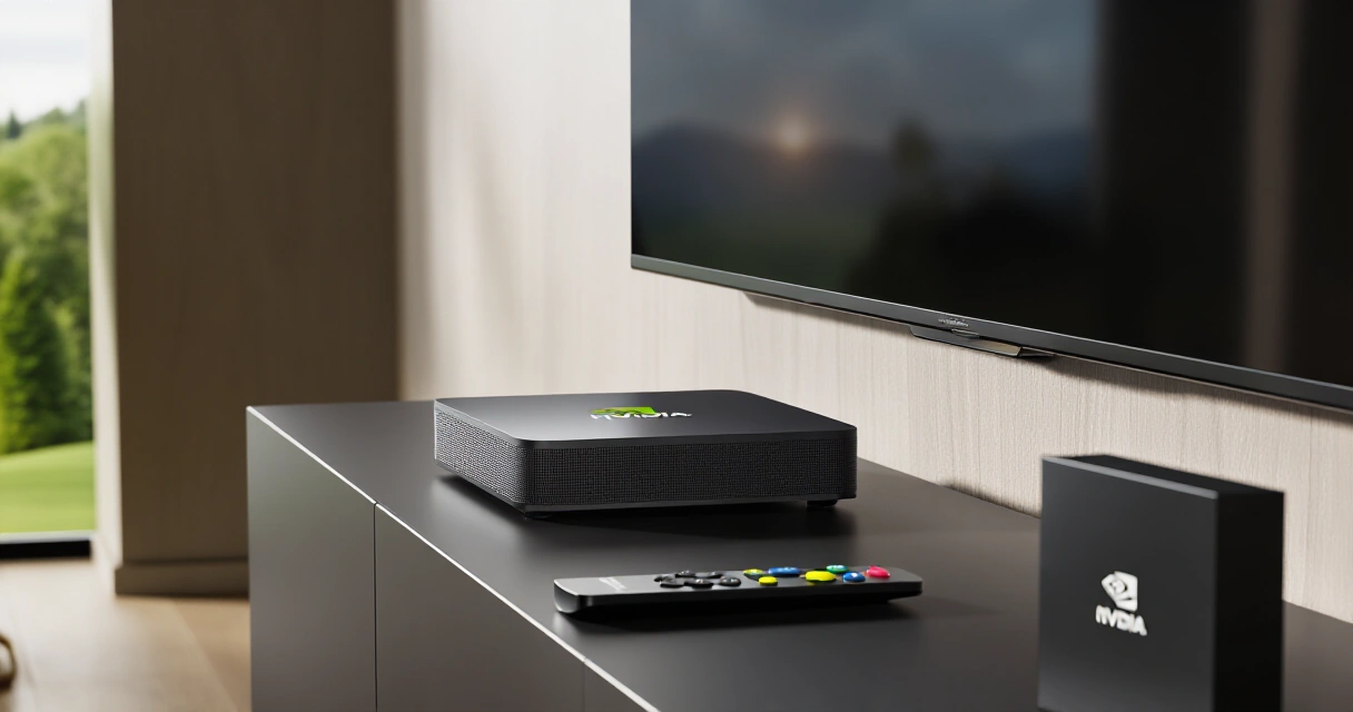 Nvidia Shield TV Pro mediatoistin ja kaukosäädin kotiteatterissa