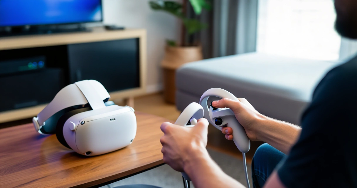 PS VR2 Sense -ohjaimet käsissä kodin pelihuoneessa
