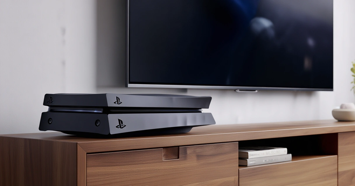 PlayStation 5 Pro -pelikonsoli olohuoneen viihdekeskuksessa suuren 4K-television edessä