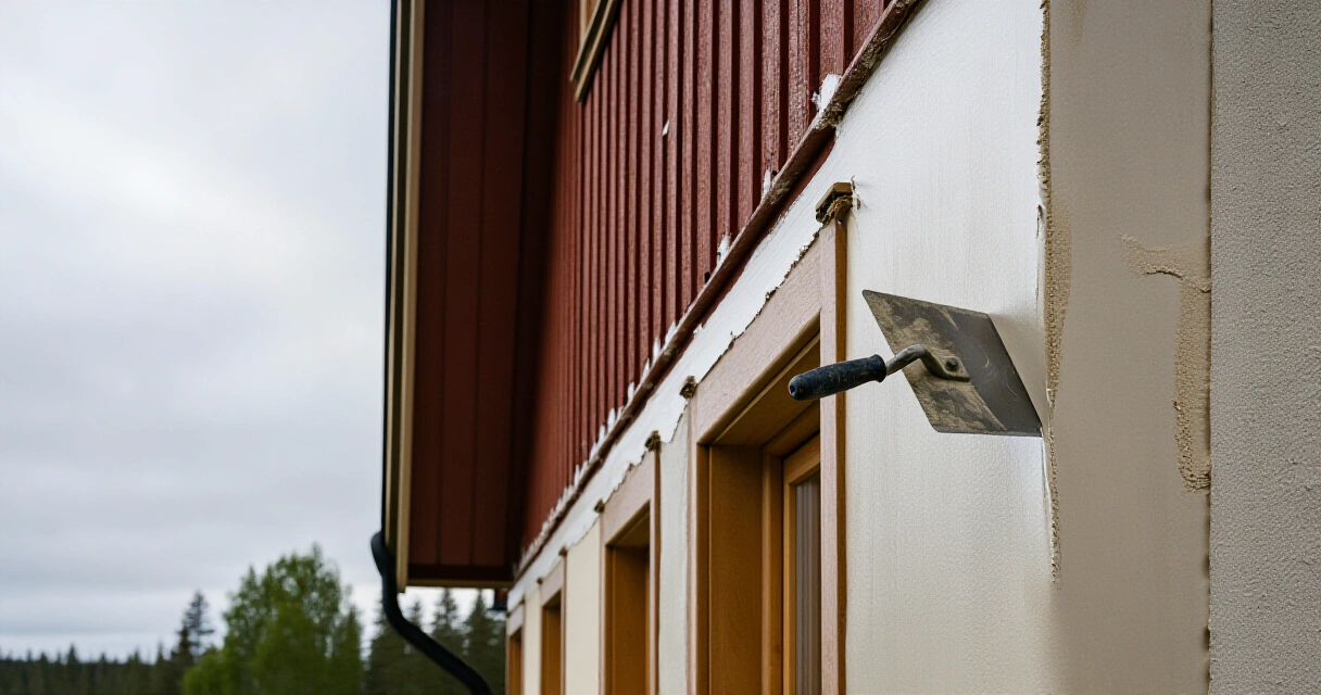 Rappauslaastin levitys talon ulkoseinälle keltterillä