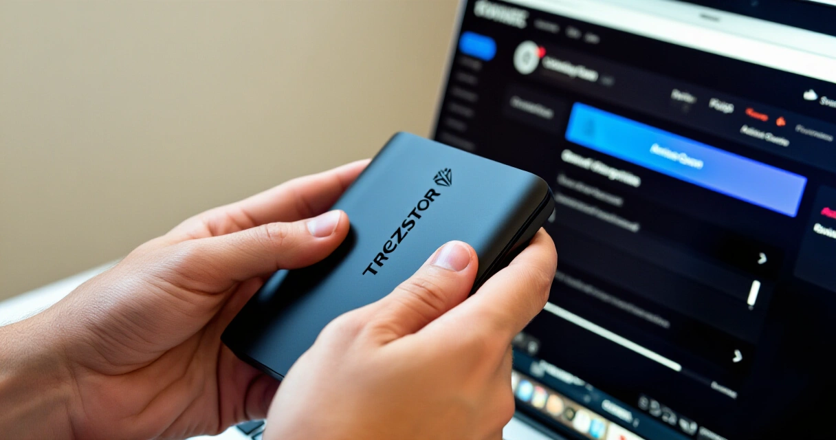 Henkilö pitää kylmälompakkoa kädessä tietokoneen kryptosalkkua tarkastellessaan