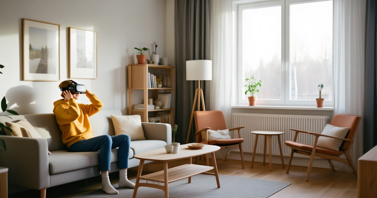 Henkilö VR-lasit päässä modernissa suomalaisessa olohuoneessa