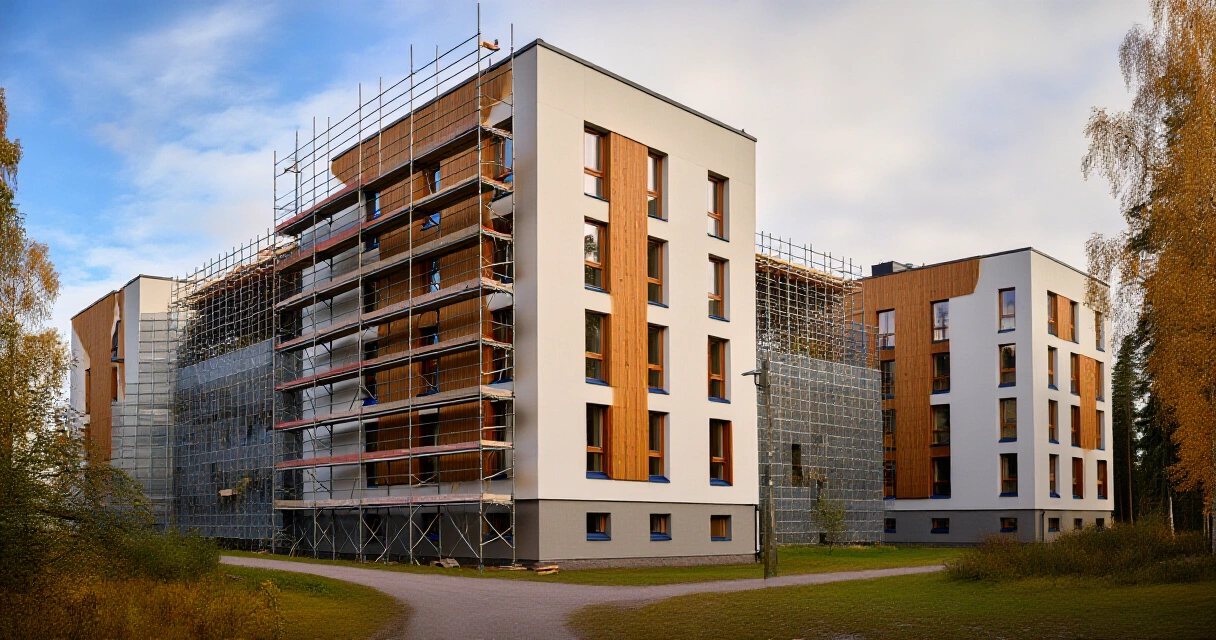 Suomalainen kerrostalo julkisivuremontti työn alla, telineet rakennuksen seinustalla