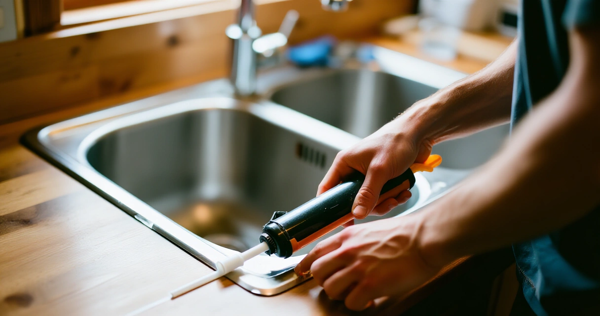 Silikonimassan applikointi keittiöaltaan ympärille saumapistoolilla lähikuvassa