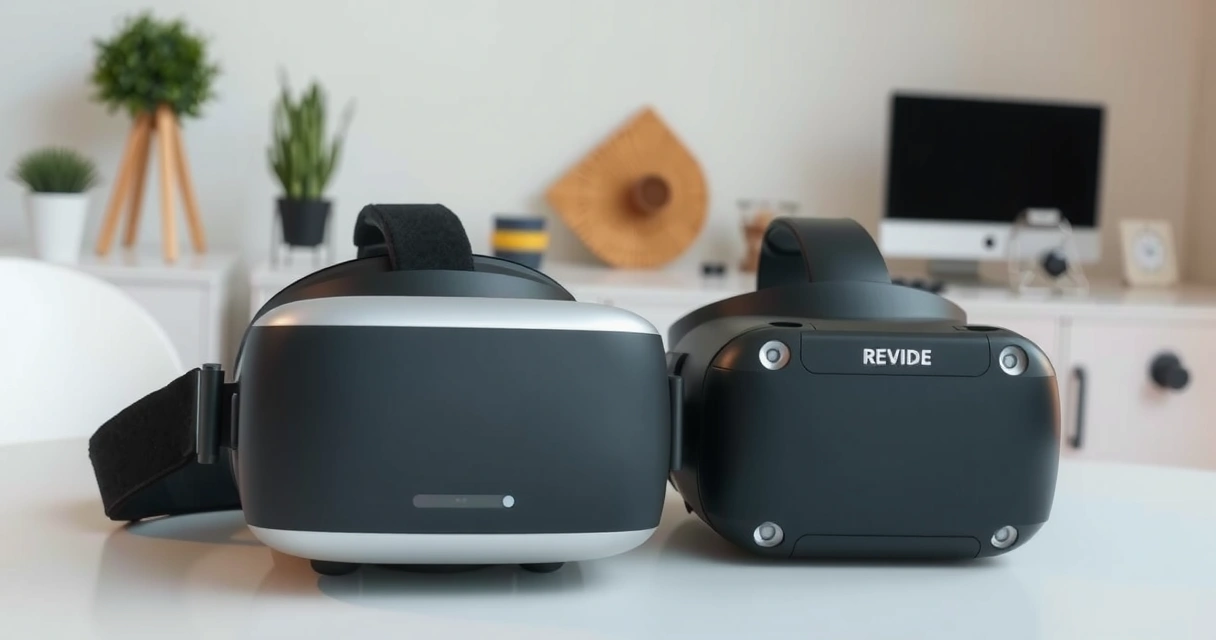Kaksi VR-headset-mallia vierekkäin valkoisella pöydällä