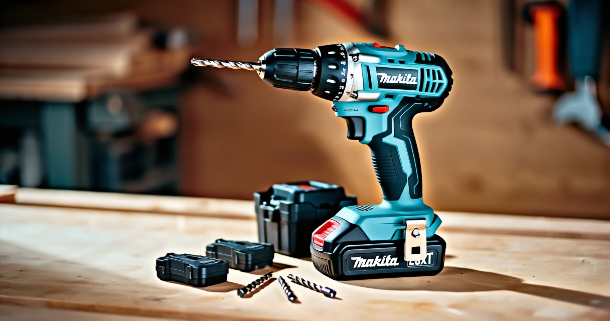 Makita 18V akkuporakone pöydällä akkujen ja poranterien kanssa