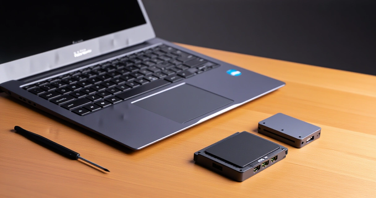 Framework Laptop 13 avattuna pöydällä modulaariset porttimoduulit ja ruuvimeisseli vieressä