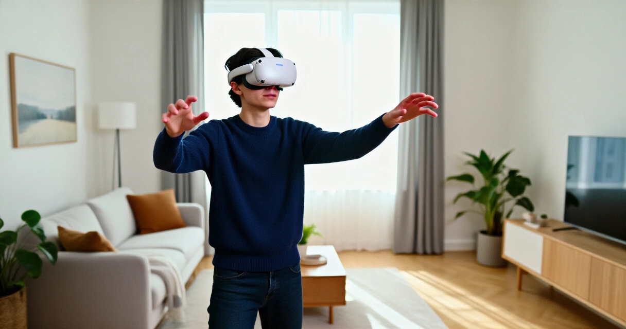 Henkilö käyttää Meta Quest VR-laseja kotona virtuaalimaailmassa