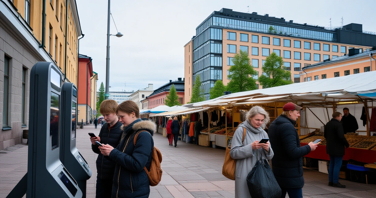 Suomalainen kaupunkikatu digitaaliset maksut älypuhelimet arjessa