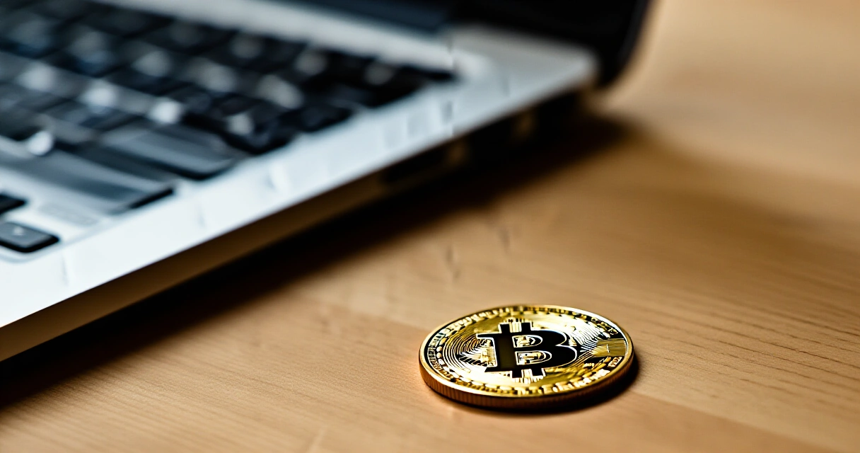 Kultainen Bitcoin-kolikko kannettavan tietokoneen vieressä