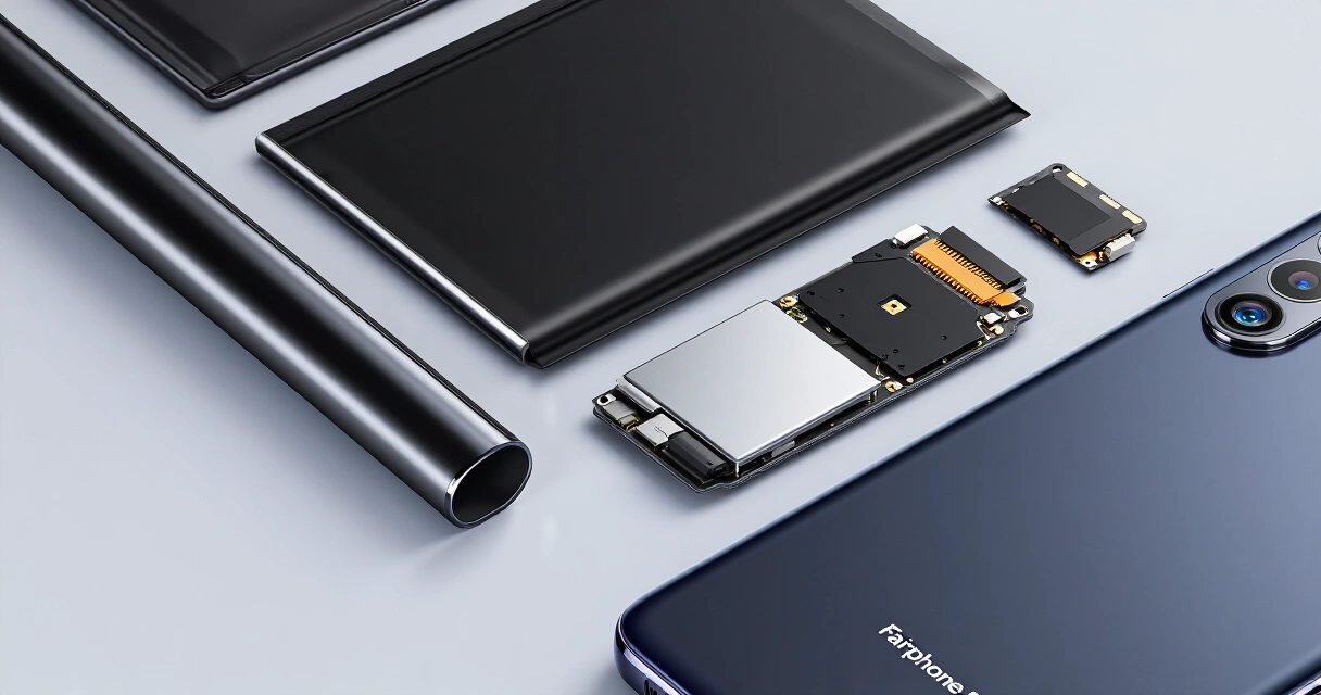 Fairphone 5 moduulit erillään: akku, näyttö ja kameramoduuli harmaan taustan päällä