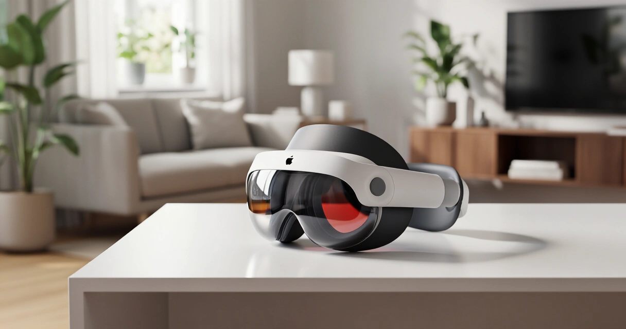 Apple Vision Pro -headset sijoitettuna moderniin pohjoismaiseen olohuoneeseen
