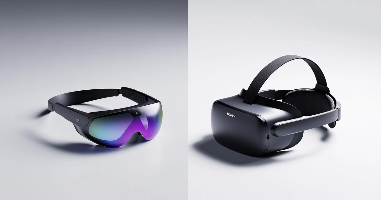 AR- ja VR-laitteiden vertailu, futuristiset lasit ja headsetit valkoisella alustalla