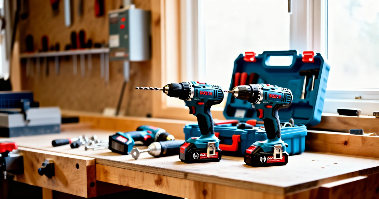 Bosch Professional 18V akkusähkötyökalut asennettuna puupöydälle verstaan työskentelytilassa