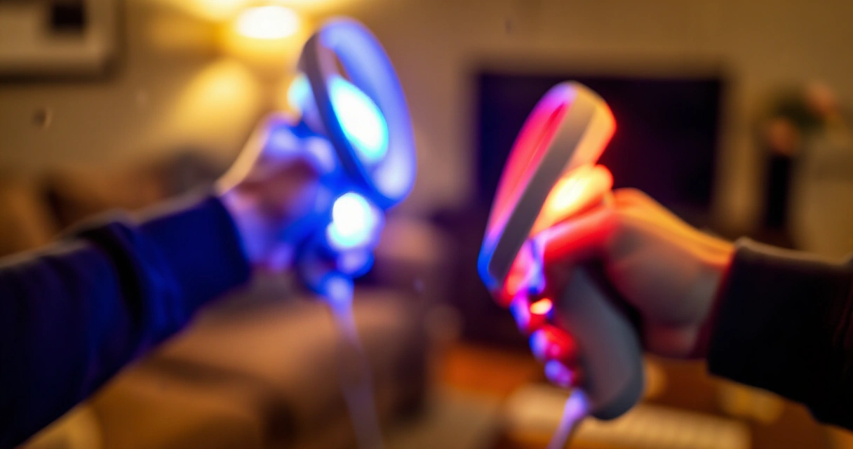 Pelaaja heiluttaa VR-ohjaimia Beat Saber -pelissä olohuoneessa